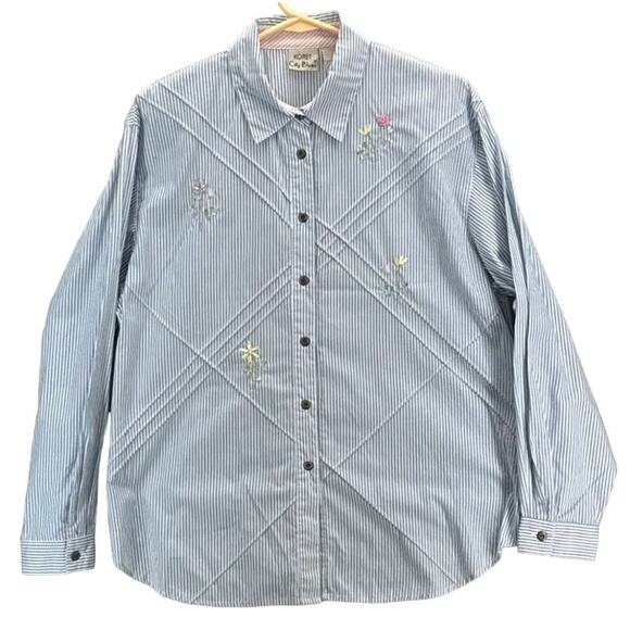 Koret City Blues Floral Striped Blue Pink Cottage Granny Button Up Blouse Large - Picture 2 of 6